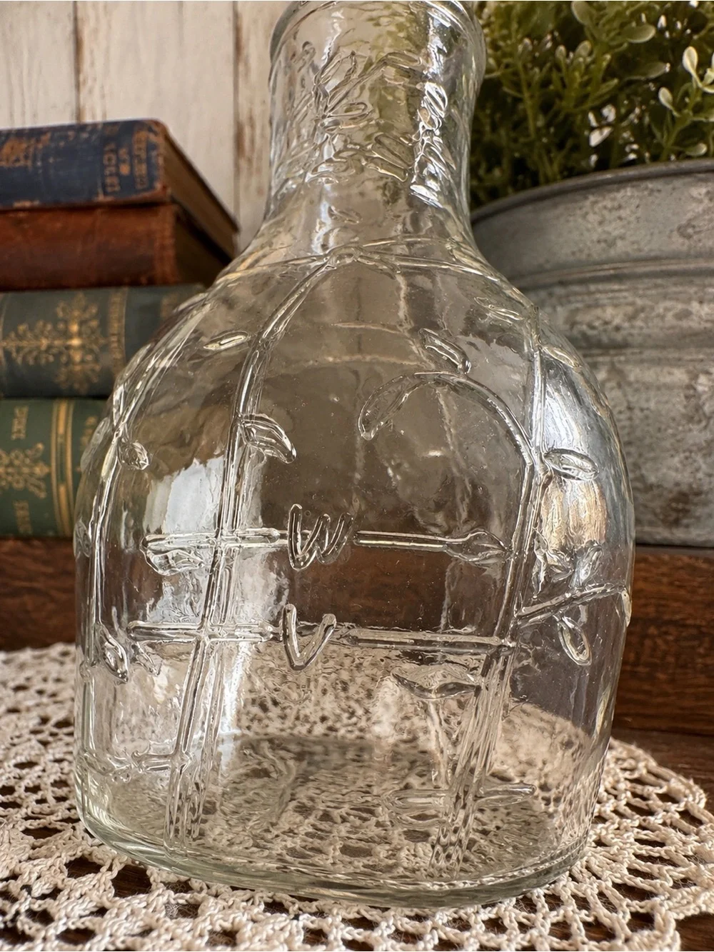 Vintage Good Seasons Clear Glass Salad Dressing Cruet Vine Leaf Embossed Bottle
